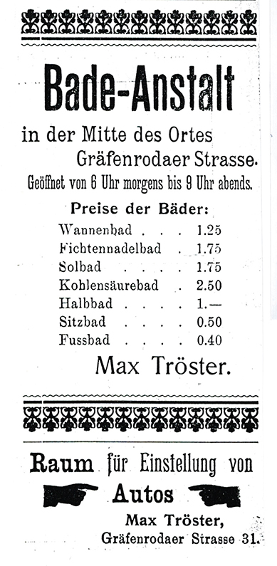 Preisliste der Badeanstalt von Friedrich Tröster